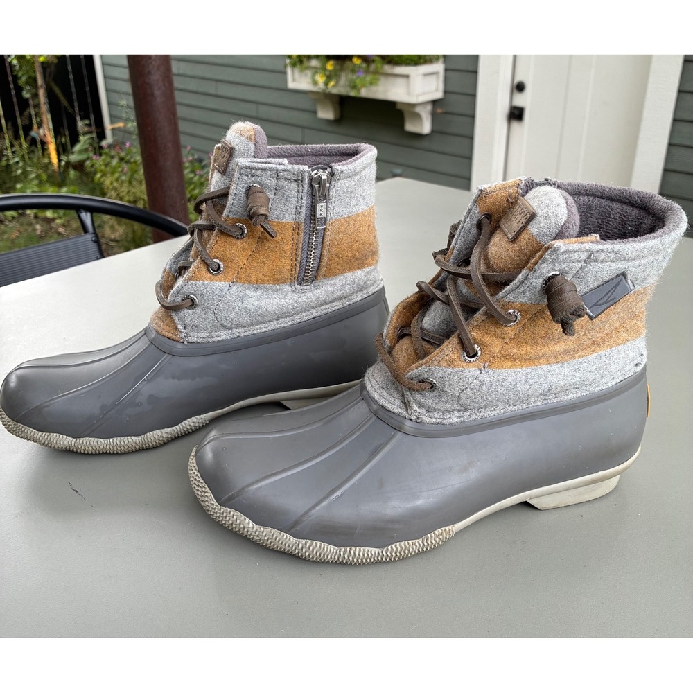 Sperry Saltwater Duck Boots Grey Tan Wool Stripe Waterproof 7M